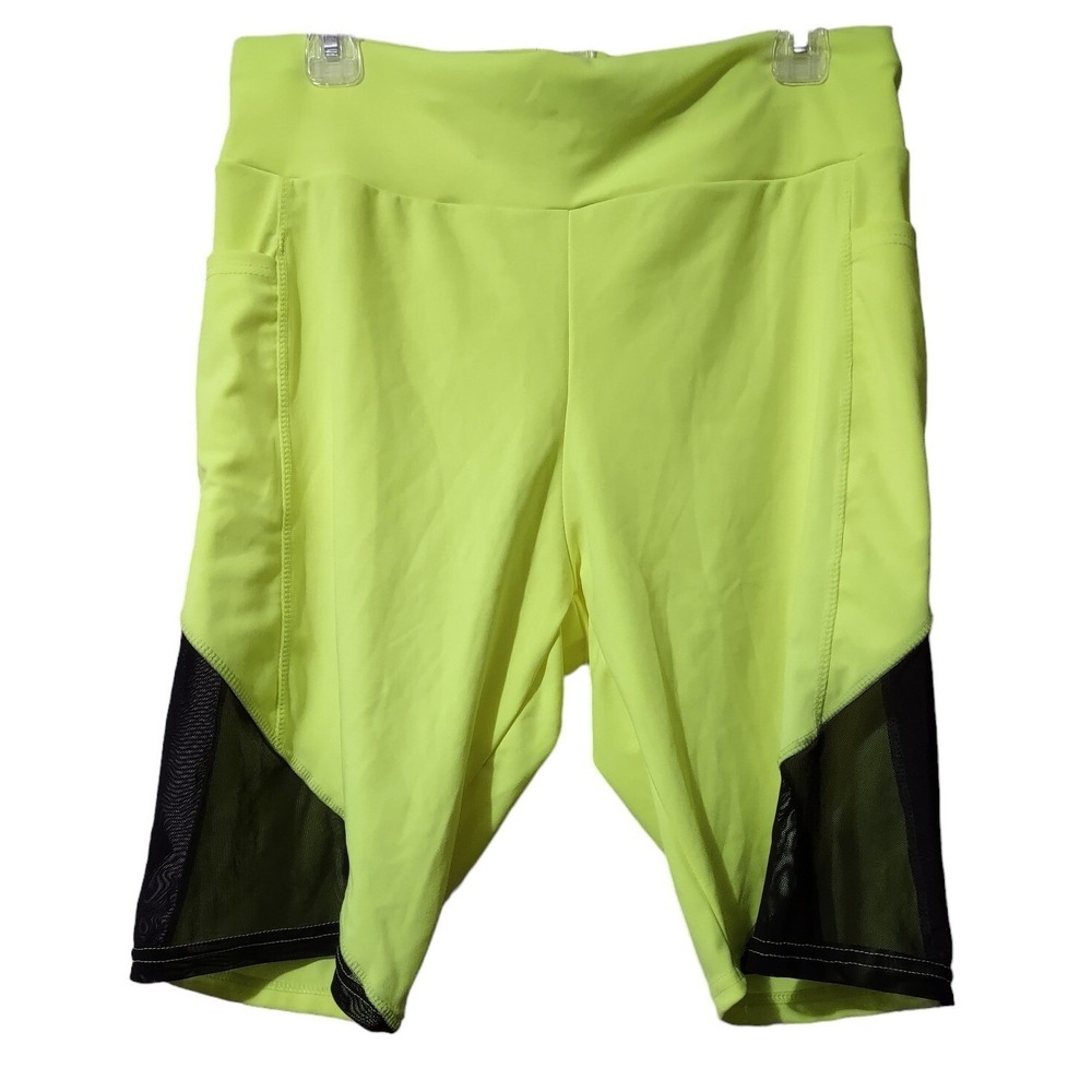 B Free Bike Shorts Size 1X Women's Neon Yellow  Black Mesh Pockets Elastic Waist